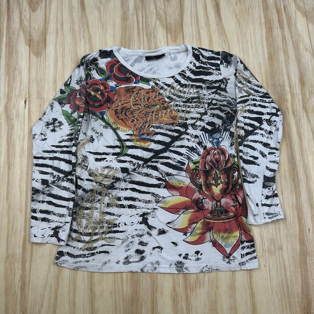 Vintage Christian Audigier Shirt 2XL Crew Neck Y2K Zebra Stripe Tattoo Style